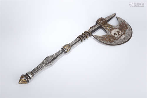 A Silvering Cast Iron Implement Vajra Axe.