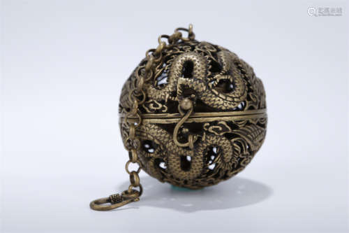 A Copper Sphere Sachet with Dragon Design.