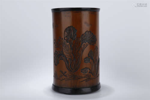 A Bamboo Brush Pot with Cabbage Design.