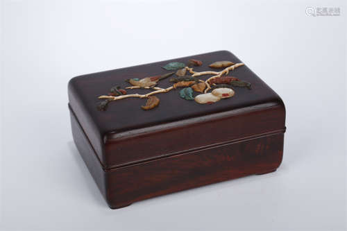 A Rosewood Box with Fruits and Birds Design.