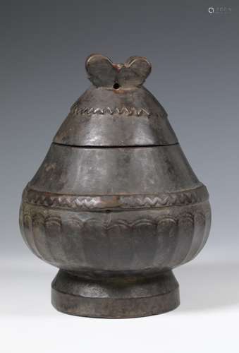 Philippines, Ifugao, lidded pot, squat bulbous with fluted p...