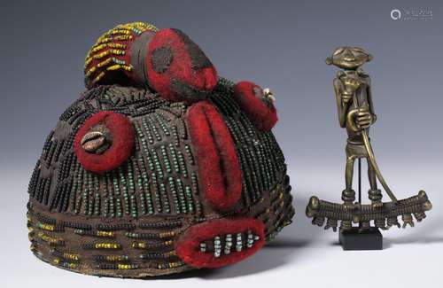 Mali, Dogon-style, brass figurine and a Bamileke beaded head...