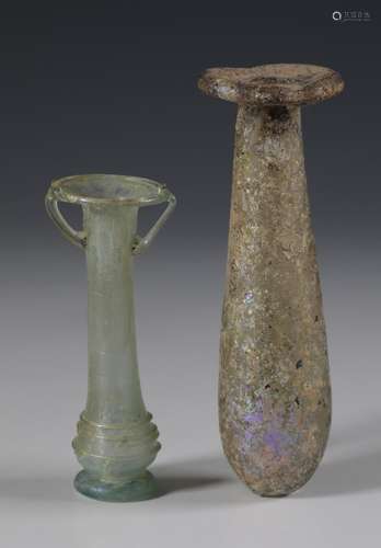 Roman glass balsamarium and a flacon, 3rd-4th century,