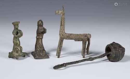 West-Africa, four brass objects: a horse, two seated human f...