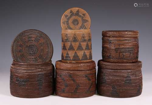 Zambia, Lozi, five spiral coiled lidded baskets,