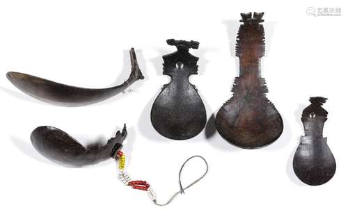 Timor, Atoni, three coconut shell and two buffalo horn spoon...