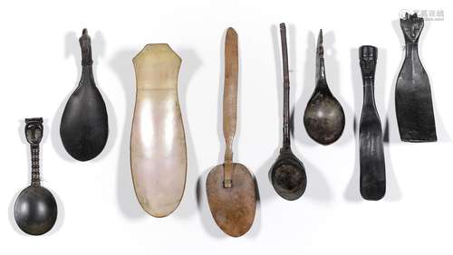 Indonesia, a collection of eight various spoons made of horn...