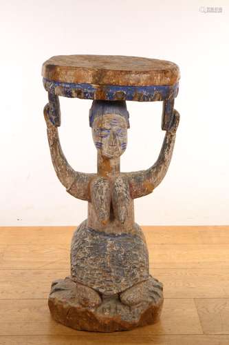 Nigeria, Yoruba, carved wooden caryatid stool,