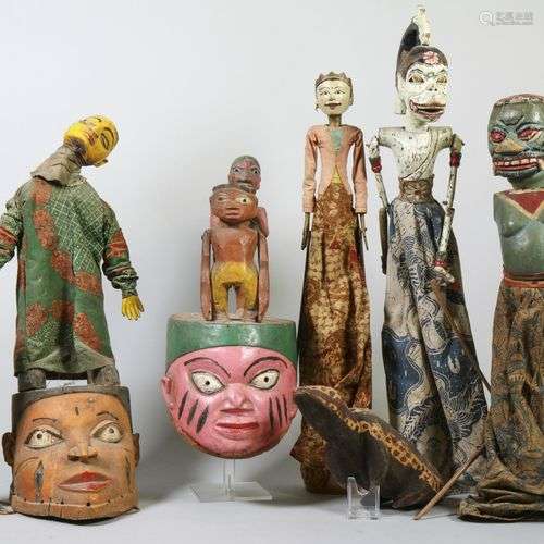 Nigeria, Yoruba, two Gelede masks with puppets, modern polyc...