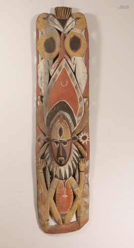 PNG, Abelam, openworked wooden panel with polychrome figures...