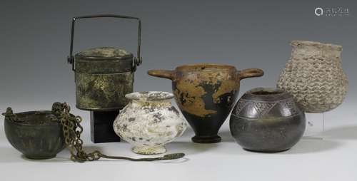 Four antique terracotta jars and a bronze antique lidded box...