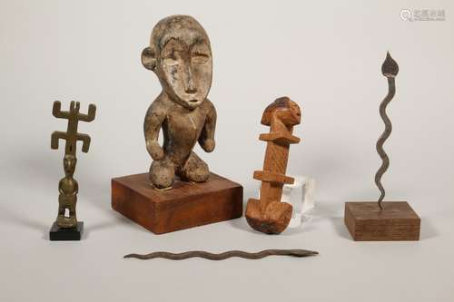 Africa, collection of five objects; two iron snakes and a ca...