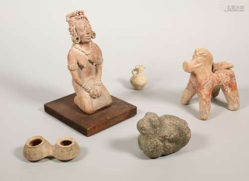 Antique terracotta horse figure, two terracotta pots and a p...