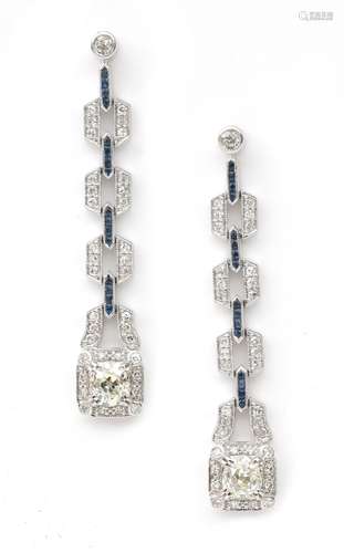 A pair of 14 karat white gold Art Deco style diamond and sap...