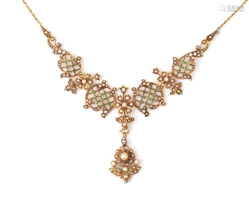 A 15 karat gold seed pearl necklace with demantoid. Provenan...