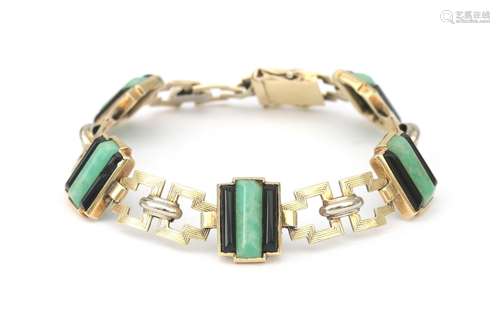 A 14 karat gold Art Deco bracelet with amazonite and onyx. C...