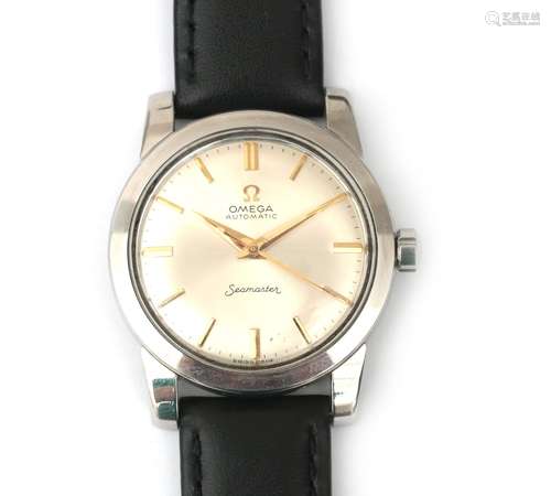 A steel Omega Seamaster gentleman's wristwatch. A round case...