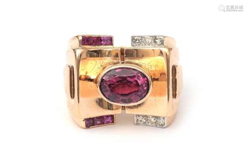 Bague cocktail en or rose 18 carats avec tourmaline, rubis e...