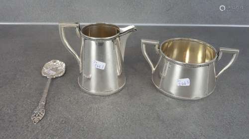 MILK JUG, SUGAR POT AND SPOON