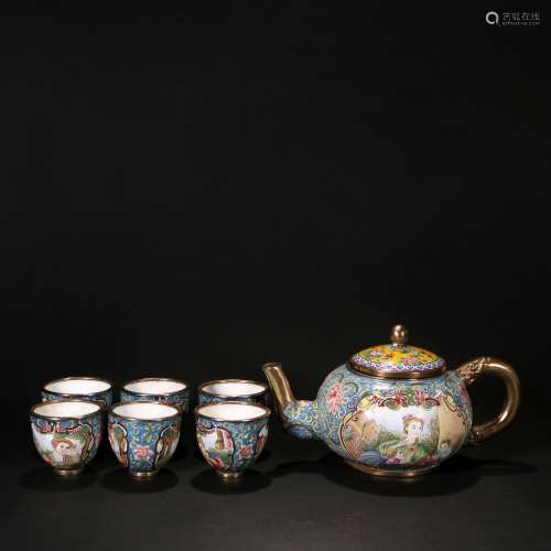 Enamelled copper kettle and cup set