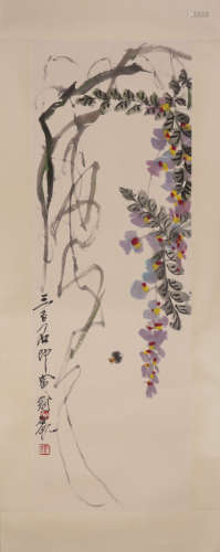 齐白石  紫藤蜜蜂 设色纸本镜片