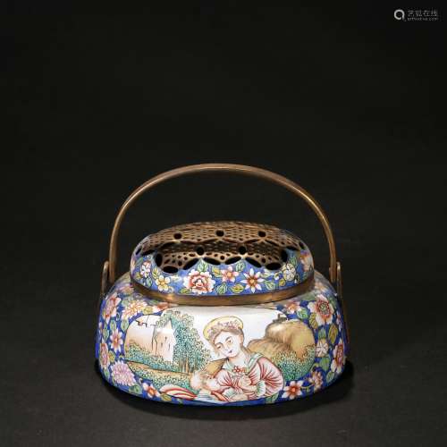 Enamel hand warmer with copper tire painting