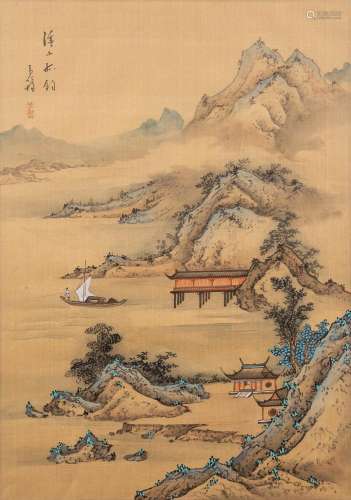 A Chinese landscape, hand-painted on silk.
