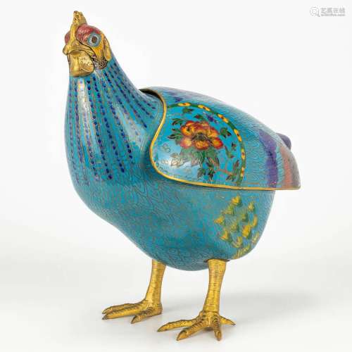A large statue of a chicken, made of cloisonné bronze. 20th ...