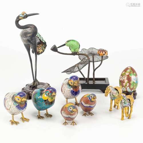 A large collection of 10 statues made of cloisonné bronze.