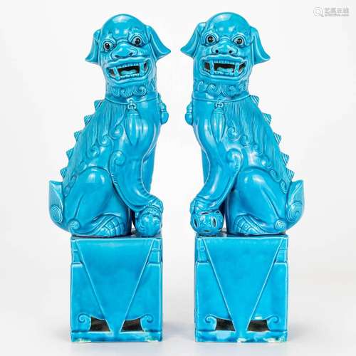 A pair of Foo dogs made of Chinese porcelain with a blue gla...