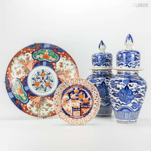 A collection of 2 Imari plates and a pair of vases made of J...