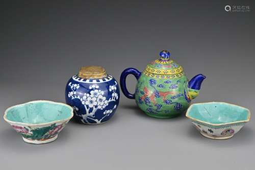 A Chinese painted polychrome teapot together with a