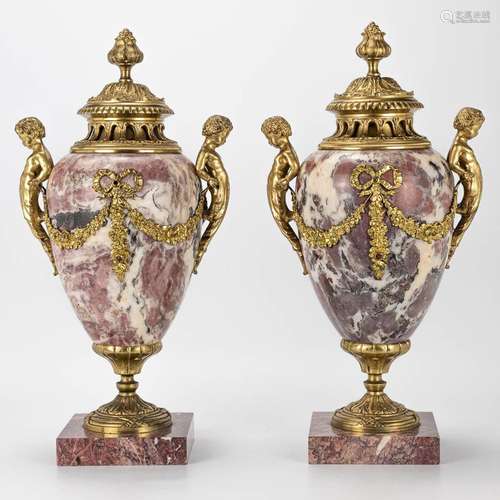 A pair of cassolettes made of marble and mounted with bronze...