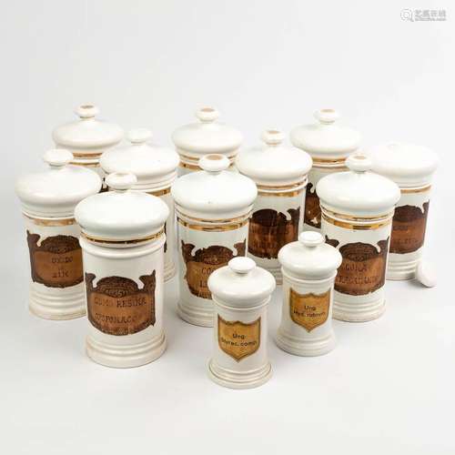 A collection of 12 pharmacy jars made of porcelain.