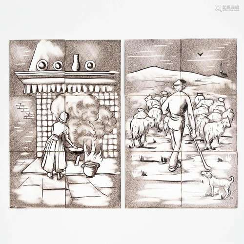 A collection of 2 tile paintings made of 6 tiles each. Made ...