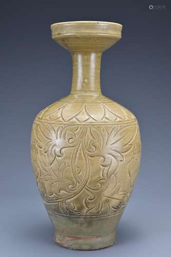 Tall Chinese Celadon Glazed Porcelain Vase with Carved