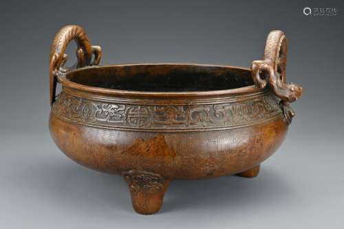 A Chinese large bronze censer with two chilong dragon