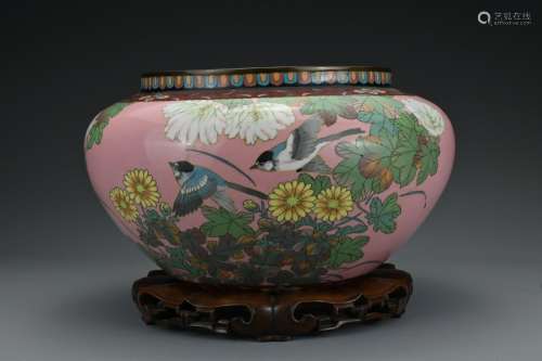 A Japanese cloisonné enamel jardiniere with birds and
