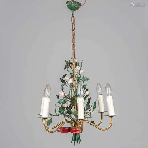 A chandelier made of metal and decorated with porcelain flow...