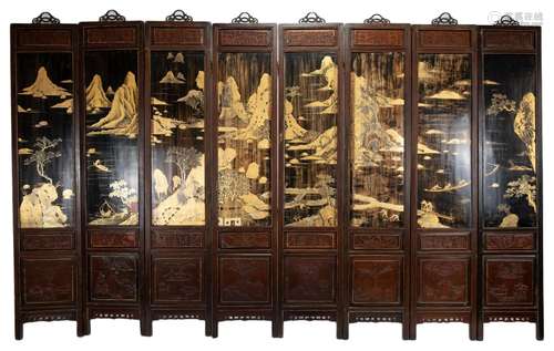 A Chinese eight-panel screen carved in relief with