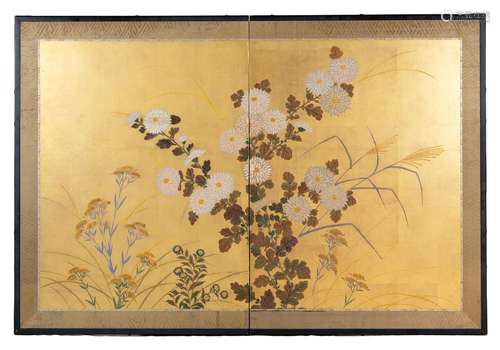 A Japanese bi-folding screen painted with flowers on a