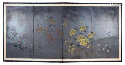 A Japanese four-fold screen painted with flowers on a