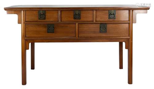 A Chinese hardwood altar table with five drawers and