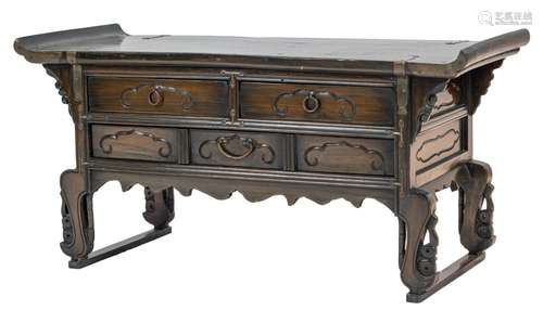 A Chinese three-drawer altar table on four stretched