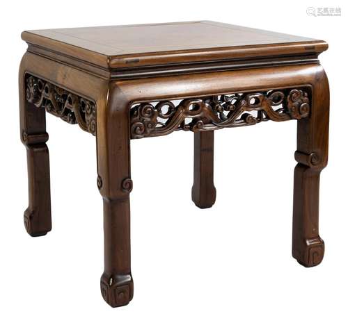 A Chinese carved side table with burr top and scrolled