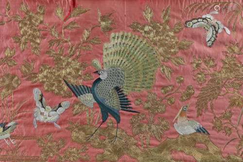 A large Chinese 19th century silk embroidery with gold