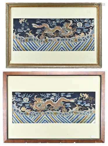 Two Chinese framed silk embroideries of five-claw
