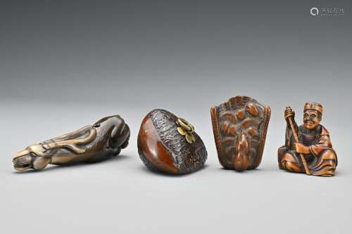 Four Japanese netsuke. To include a mouse on basket of