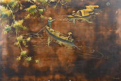 A Vietnamese painting of fishermen on lacquer board.