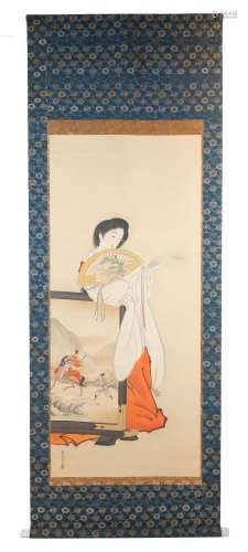 Large Japanese Painted Hanging Scroll - Late 19th /